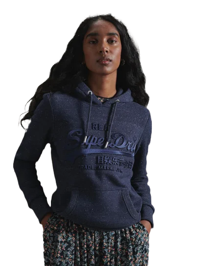 Vintage Logo Tonal Embossed Satin Hoodie in Rich Navy Snowy Hoodie with Embroidery Detailed Premium