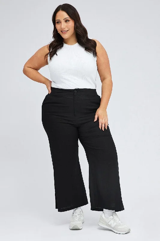 Black Wide Leg Pants Linen Blend Button Front Chic Checkered Pants