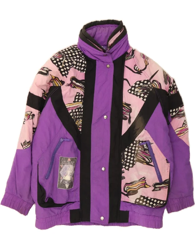 ETIREL Womens Oversized Graphic Ski Jacket UK 10 Small  Purple Colourblock Notch Collar Peter Pan Collar Cowl Neck
