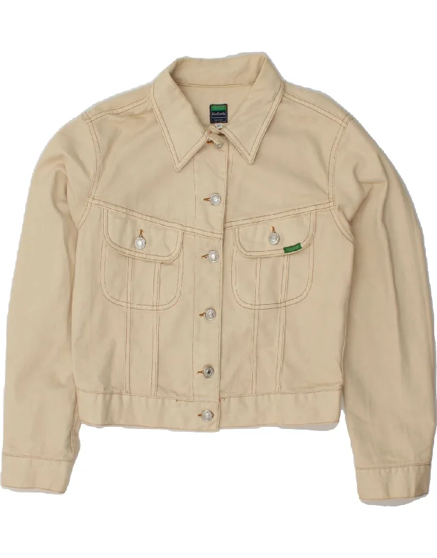 BENETTON Womens Crop Denim Jacket IT 44 Medium Off White Cotton Boat Neck Shawl Collar Notched Collar
