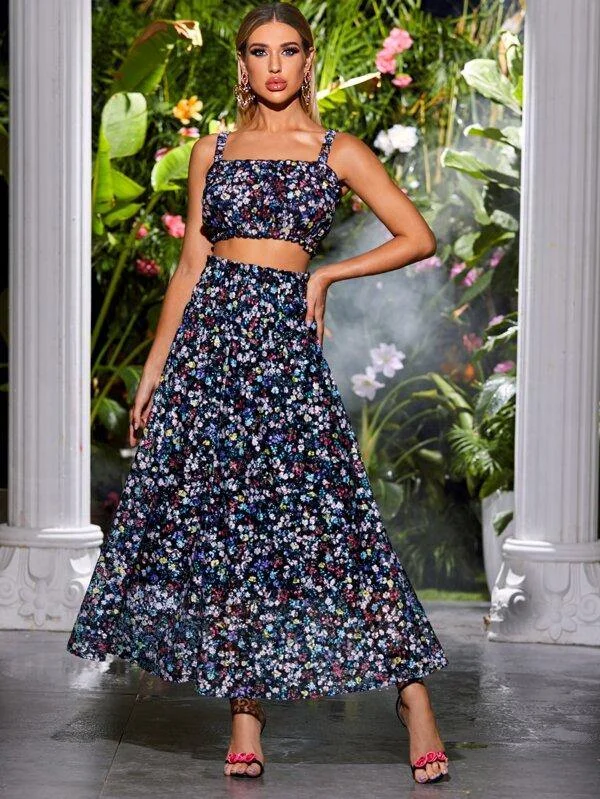 Ditsy Floral Flared Maxi Skirt linen skirt breathable