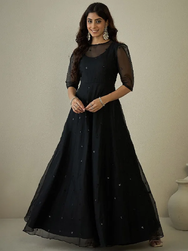Inddus Women Sequinned Embroidered Fit and Flare Ethnic Dress