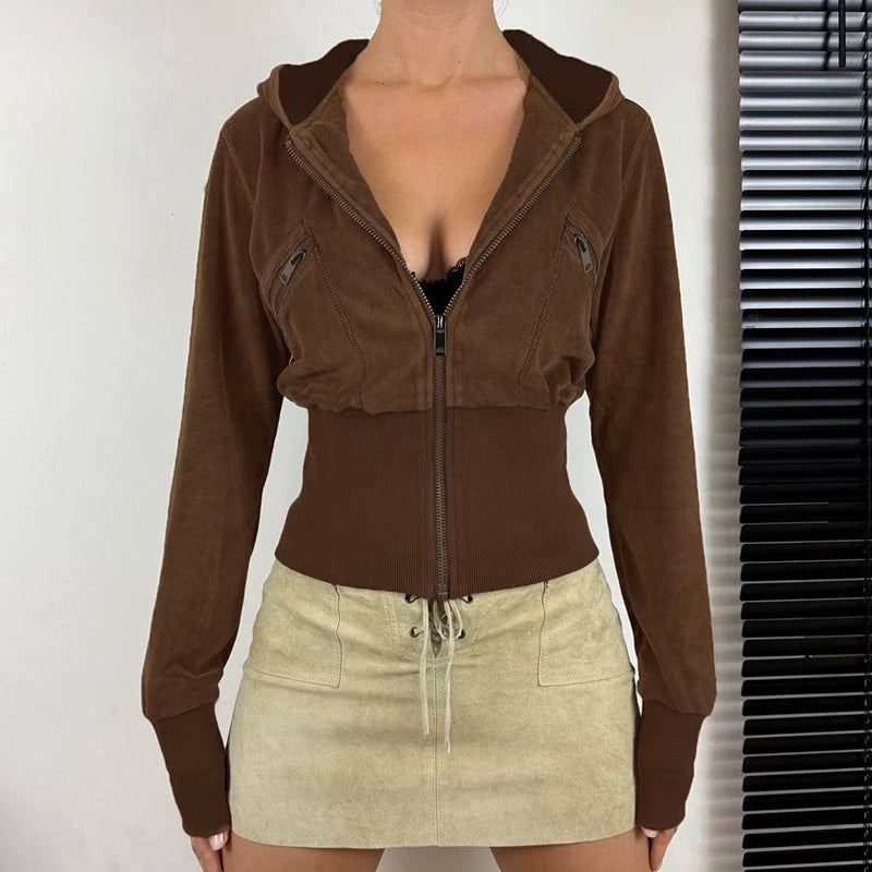 TAVIMART  -  Vintage Faux Suede Velvet Slim Jacket Brown Casual Zipper Coat Y2K Streetwear Hooded Outwear Fashion Winter Outfits Fleece Jacket Down Jacket Parka
