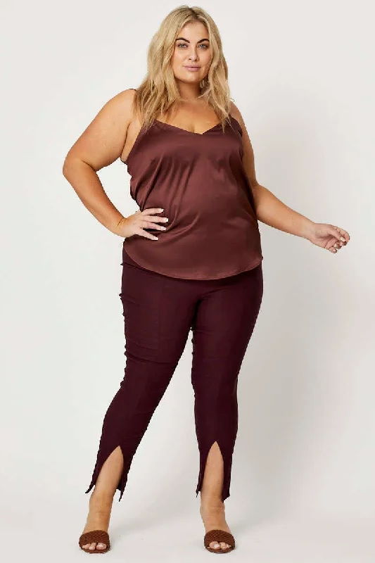 Red Slim Leg Pants High Rise Cut Out Hem Slim-Fit Khaki Pants