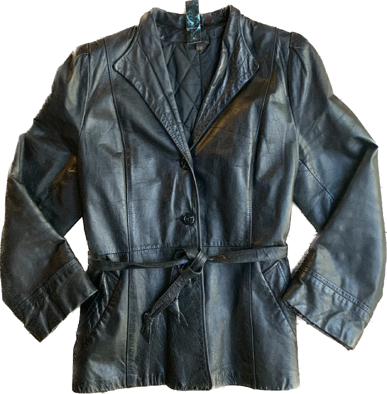 1970s Black Leather Princess Sleeve Jacket      M Notch Collar Peter Pan Collar Cowl Neck