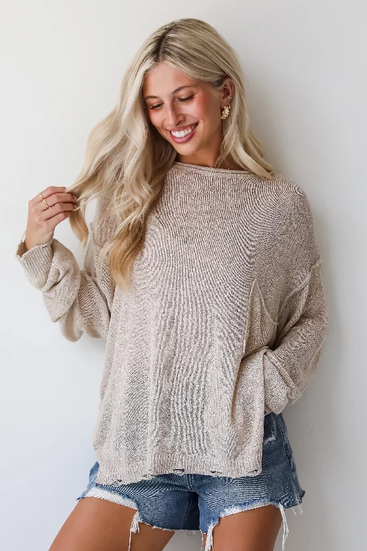 Undeniably Comfy Taupe Lightweight Knit Sweater Sequined Glittery Shiny