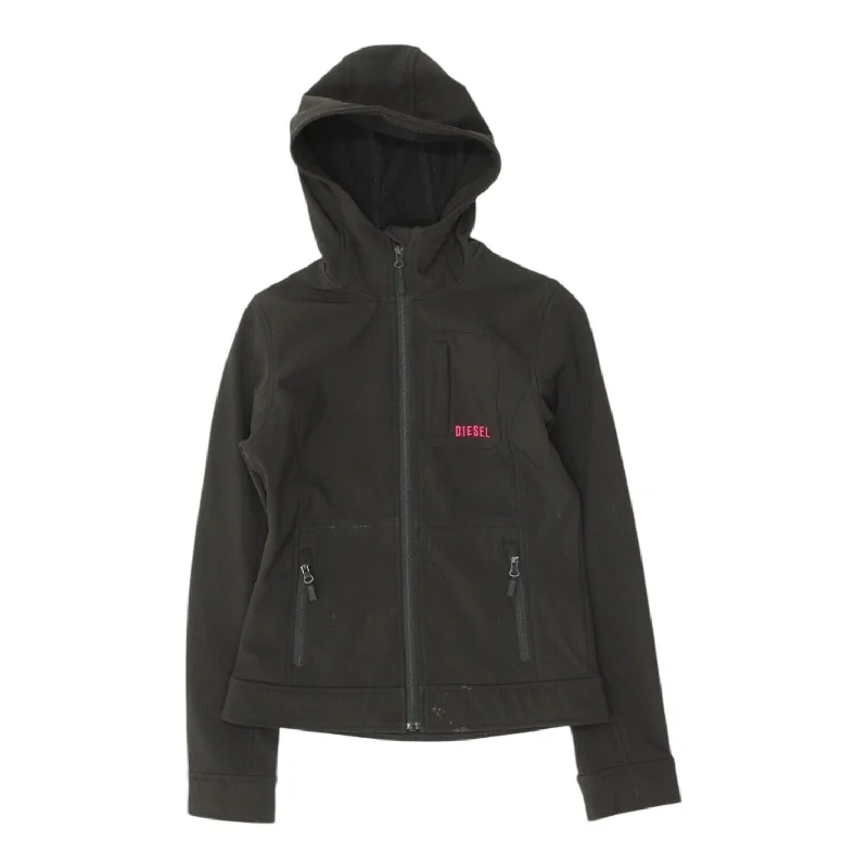 Diesel Womens Black Full Zip Hooded Jacket | Designer Streetwear Coat VTG Chenille Fabric Brocade Fabric Lace Fabric