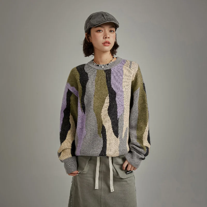 Color Pattern Loose Fit Knit Sweater Spandex Rayon Corduroy
