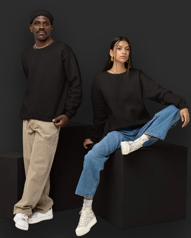 Solid Drop Shoulder Sweatshirt: Black Hoodie with Hem Frayed Vintage Worn