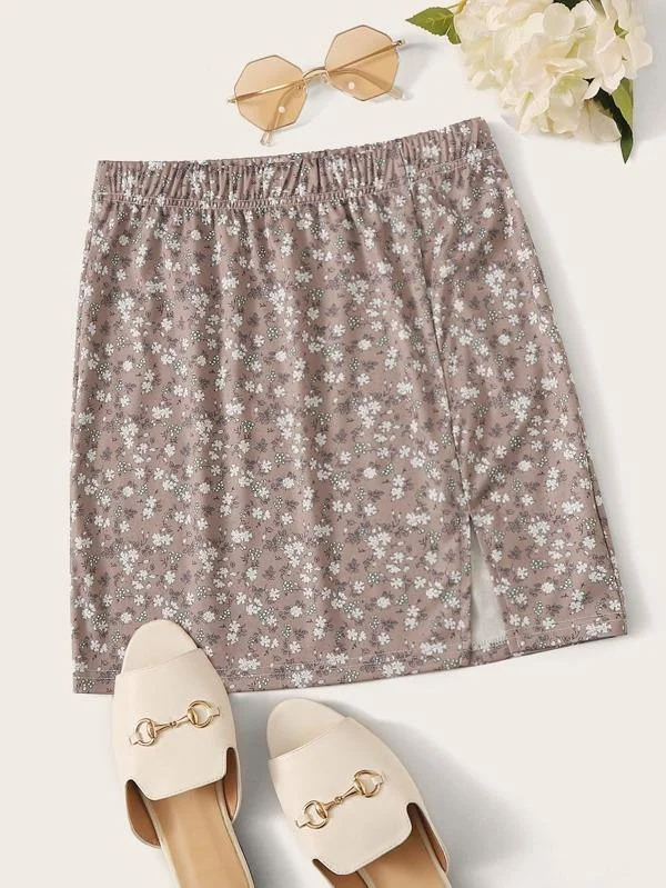 Slit Hem Ditsy Floral Mini Skirt high waist skirt