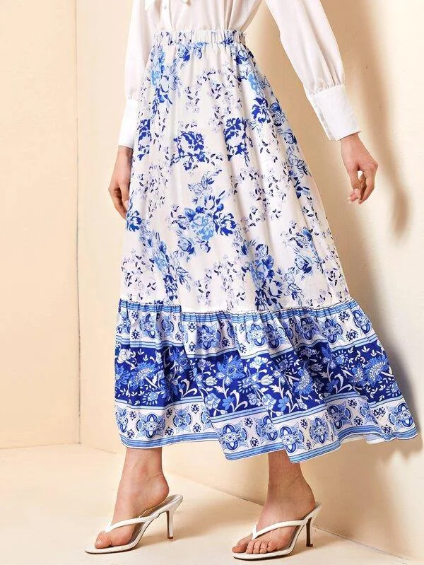 Elastic Waist Ruffle Hem Tribal Print Skirt corduroy skirt cozy