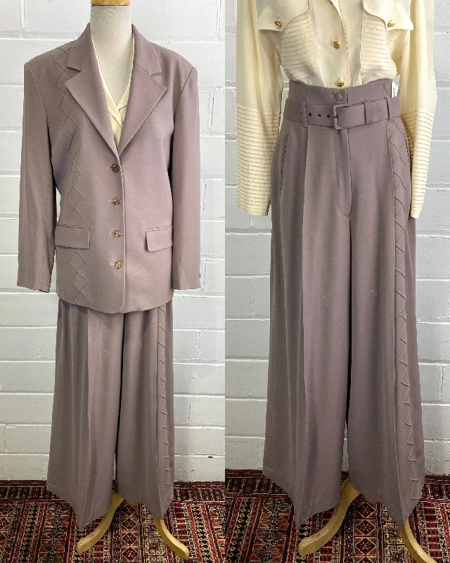Vintage Sophie Sitbon Greige Wool Crepe Wide-Leg Pant Suit, W31" Classic Cropped Pants