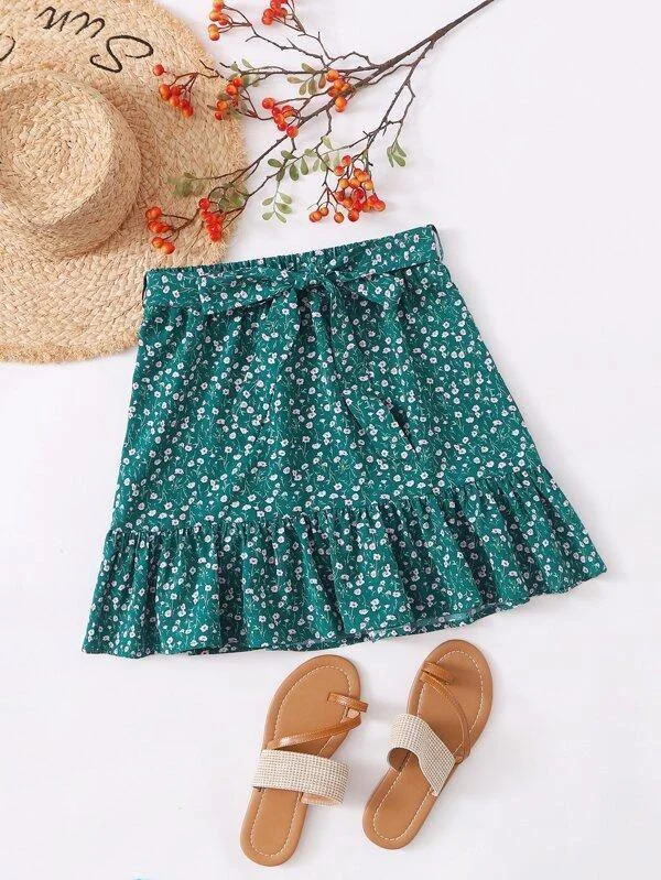 Ditsy Floral Ruffle Hem Belted Skirt cashmere skirt fine