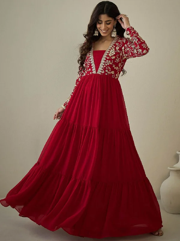 Inddus Sequinned Embroidered Tiered Fit & Flared Maxi Ethnic Dress