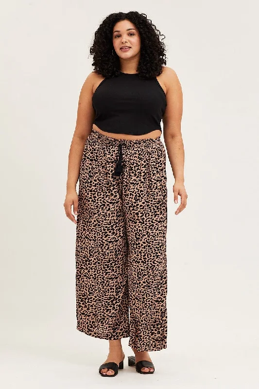 Animal Print High Rise Wide Leg Pants Cozy Full-Length Pants