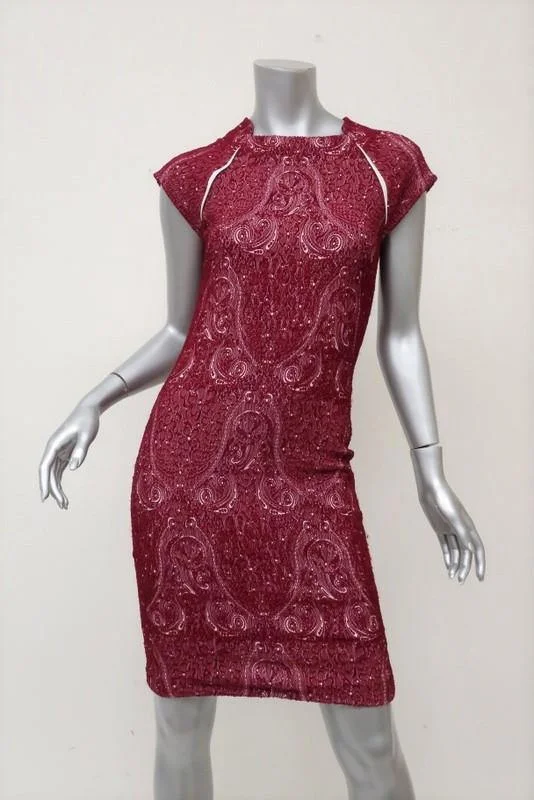 Yigal Azrouel Dress Red Paisley Jacquard Jersey Size 2 Cap Sleeve Sheath