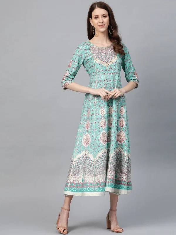 AURELIA Women Blue & Pink Printed A-Line Dress