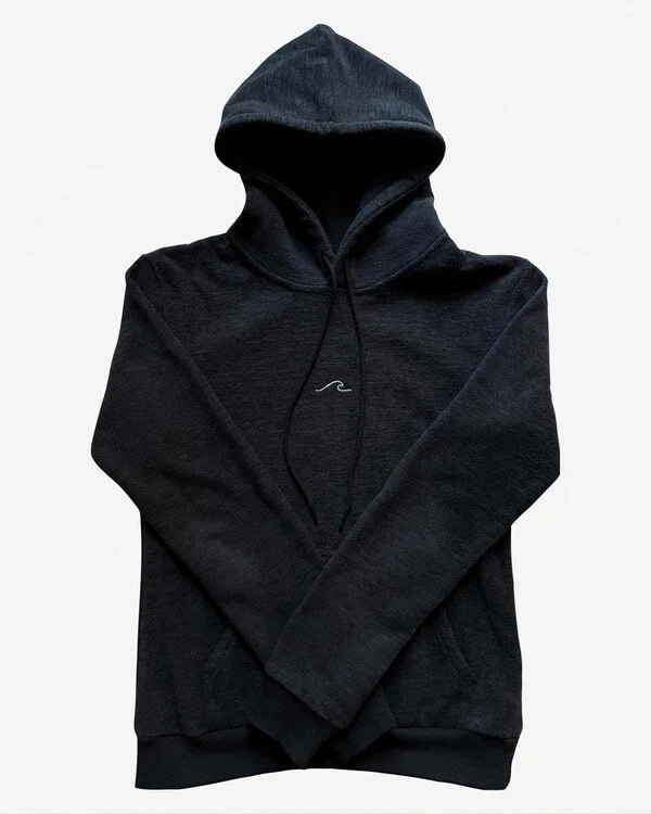 Eco Ocean Fleece Hoodie in Midnight Black Hoodie with High Neck Warm Protective