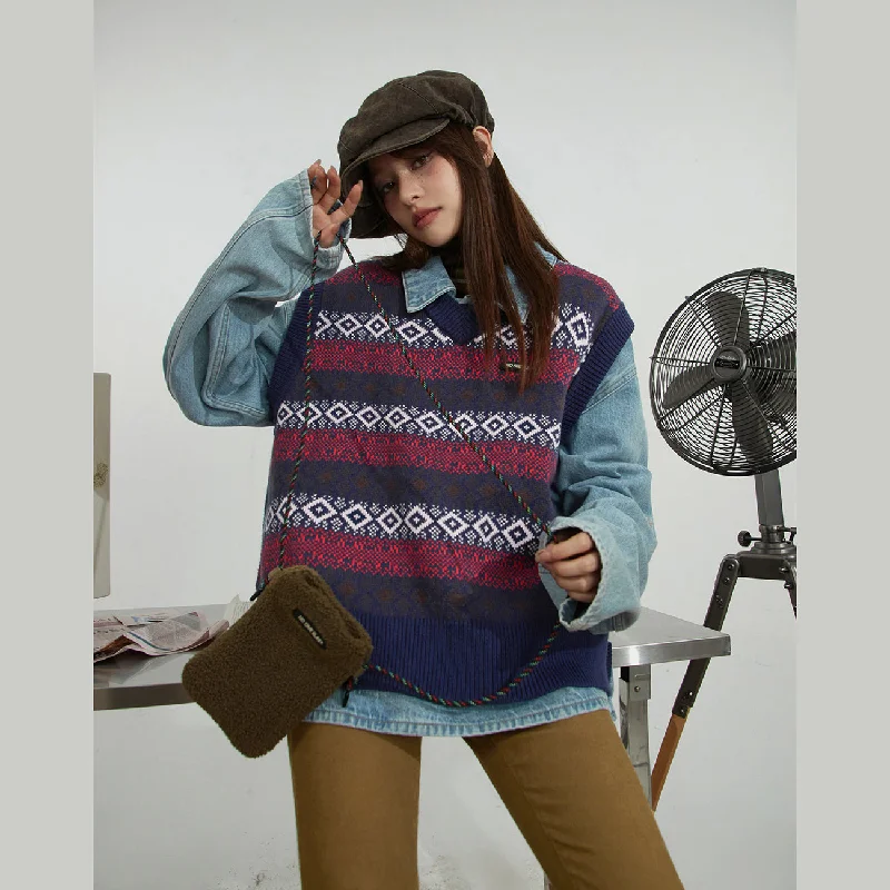 Vintage Color V-Neck Knit Sweater Vest Machine Wash Dry Clean Hand Wash