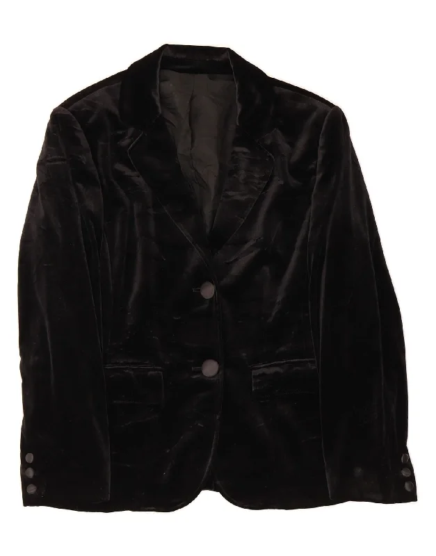 VINTAGE Womens 2 Button Velour Blazer Jacket UK 14 Large Black Polyester Fitted Jacket Loose Jacket Oversized Jacket