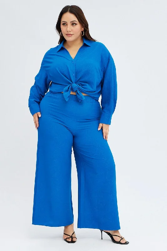 Blue Wide Leg Pants Crinkle Texture Chic Faux Leather Pants