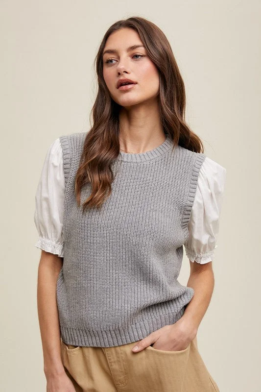 Twofer Puff Sleeve Sweater Blouse Front Pockets Side Pockets Patch Pockets