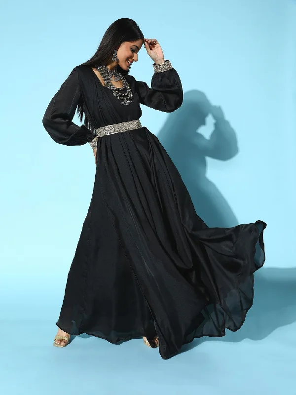 Inddus Women Classic Black Solid Ethereal Embroidery Dress