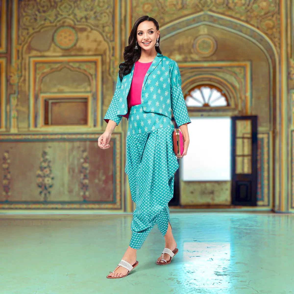 Jaipur Haat Leg 'O' Mutton Sleeves Jacket With Top And Dhoti Pant-PKC10104-S Lace Jacket Ribbed Jacket Sequined Jacket