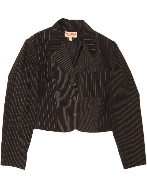 VINTAGE Womens 3 Button Crop Blazer Jacket UK 16 Large  Black Striped Faux Fur Jacket Real Fur Jacket Shearling Jacket