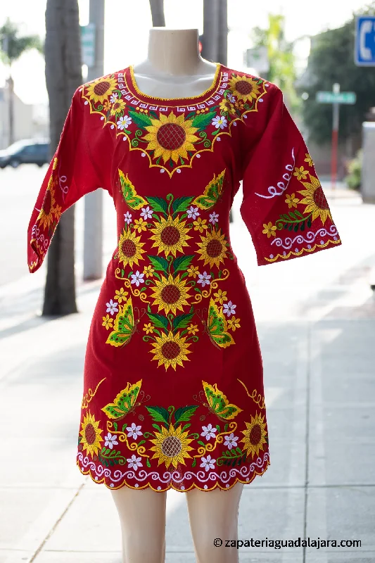 ARTESIAN EMBROIDERED SUNFLOWER DRESS MAYA RED