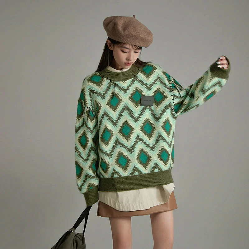 Argyle Loose Fit Knit Sweater Slim Fit Regular Fit Oversized