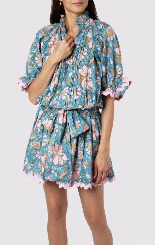 Floral Block Print Blouson Dress with Ric Rac Blue Mullti