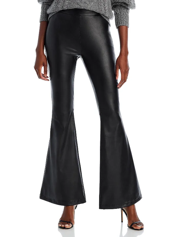 Womens Faux Leather High Waist Flared Pants Trendy Wide-Legged Trousers
