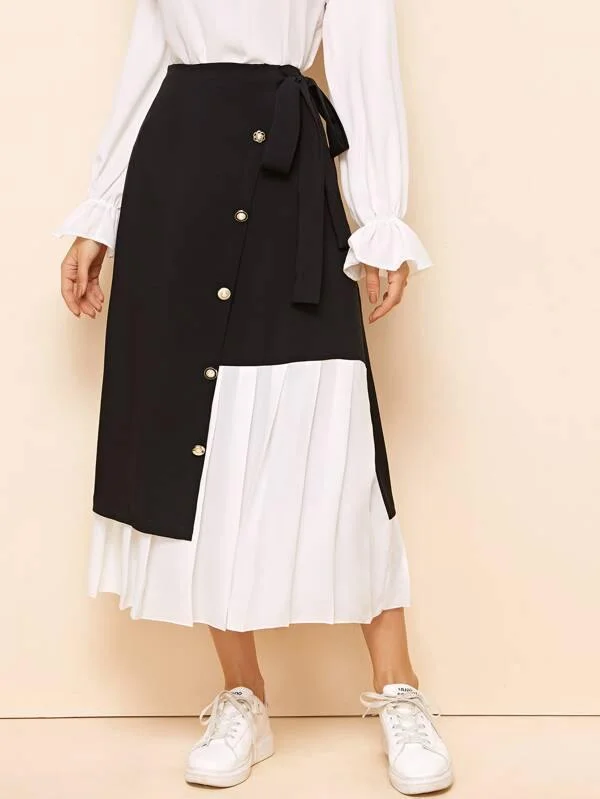 Gold Button Detail Knot Side 2 In 1 Skirt wool skirt sturdy