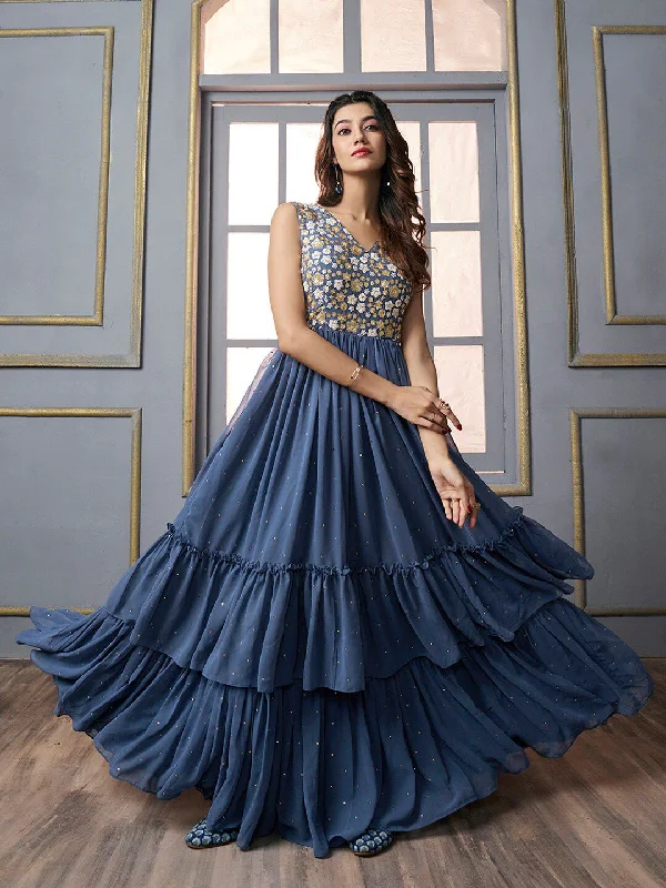 Inddus Floral Embroidered Layered Fit & Flare Maxi Ethnic Dress
