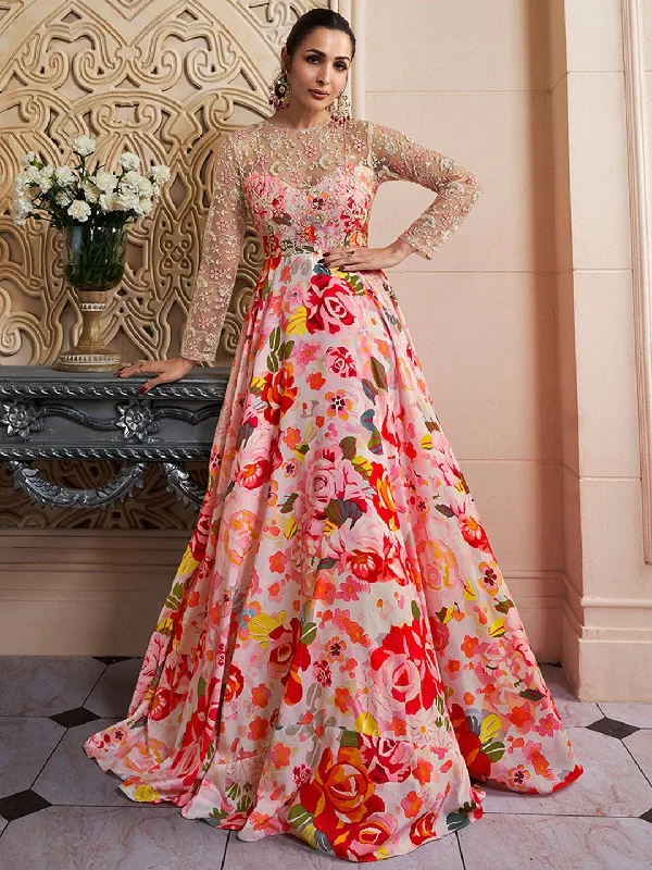 Inddus Floral Printed Thread Work Fit & Flare Ethnic Dress