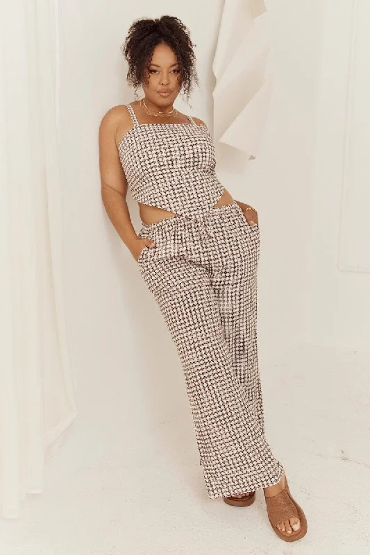Brown Geo Wide Leg Pants High Rise Fashionable Button-Up Pants