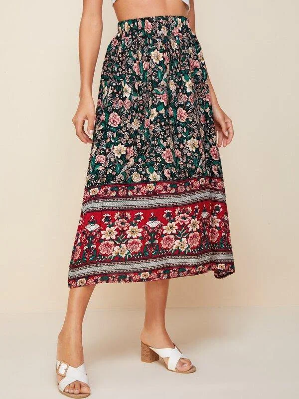 Floral & Tribal Print Longline Skirt silk skirt luxurious