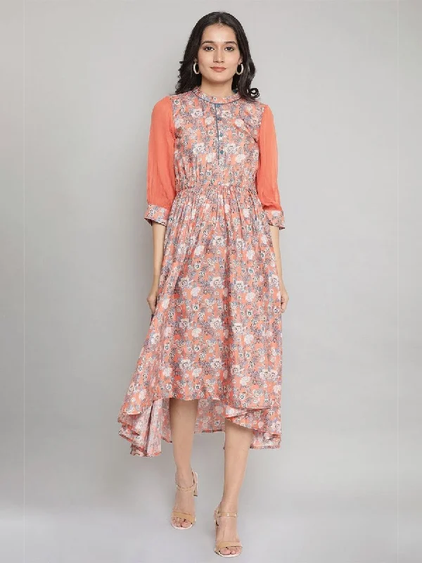 AURELIA Peach-Coloured & Blue Floral Printed Asymmetric Midi Fit & Flare Dress