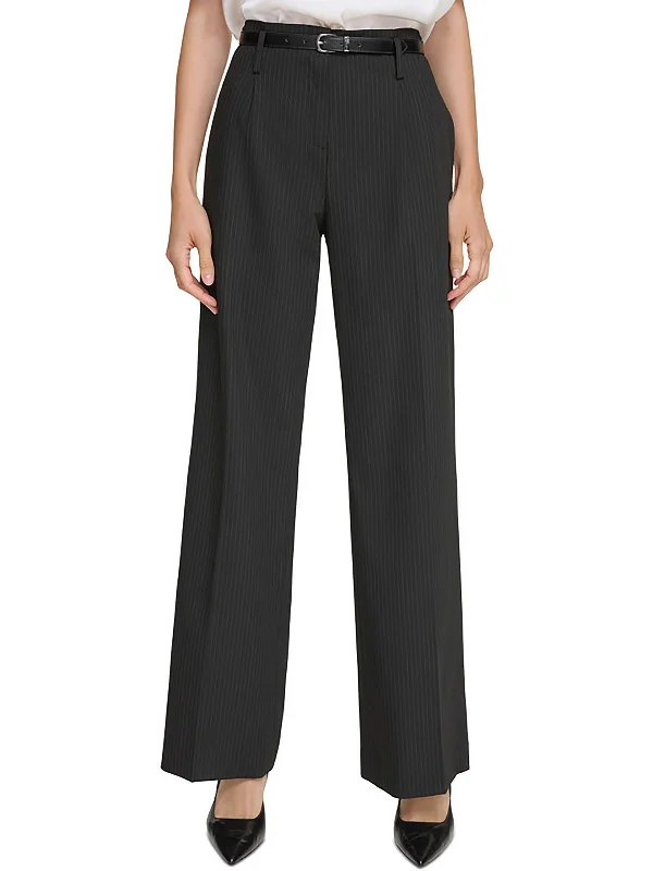 Petites Womens Pinstripe Office Wide Leg Pants Stylish Paperbag Waist Pants