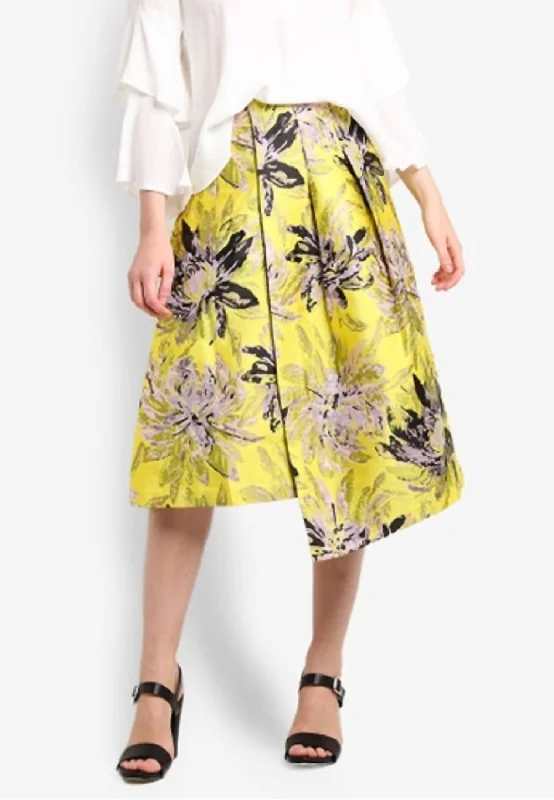 Jacquard Floral Midi Asymmetrical Midi Skirt In Yellow linen skirt natural