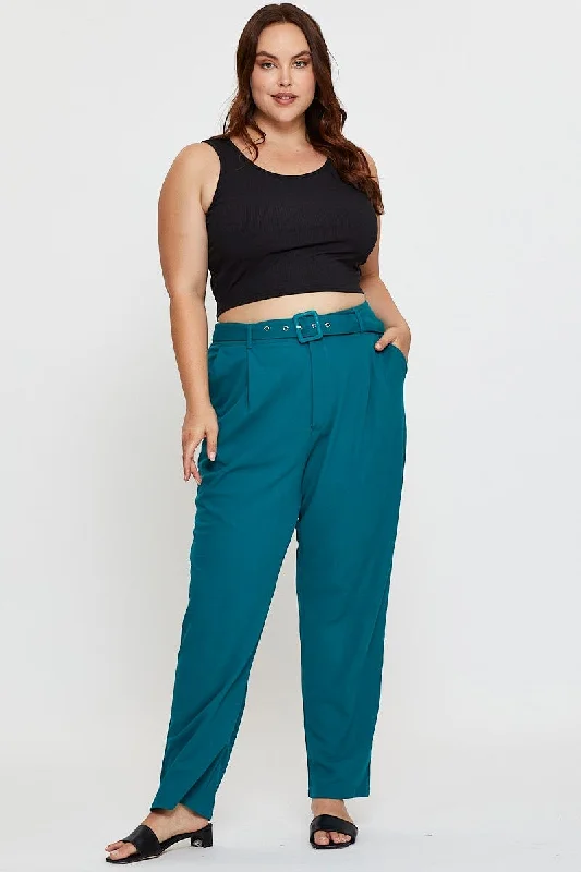Green Slim Leg Pants High Rise Belted Stylish Elastic Waist Pants
