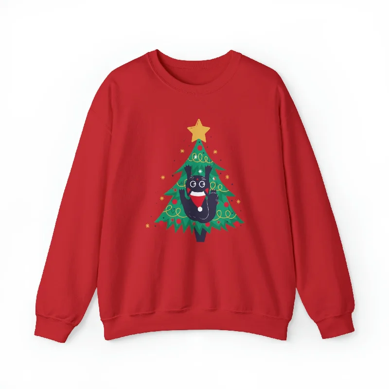 Tree Climbing Kitty Crewneck Sweatshirt Hoodie with Illustration Artistic Creative
