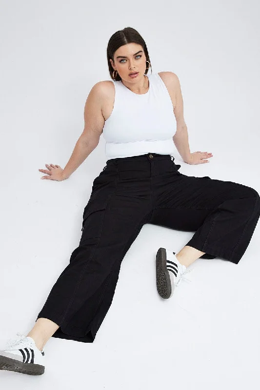 Black Cargo Pants High Rise Trendy Printed Leggings