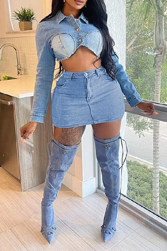 storexq Patchwork Denim Hot Bodycon Skirt Suit cashmere skirt fine
