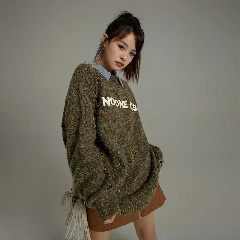 Noe Lettering Cozy Knit Sweater Real Fur Shearling Chenille