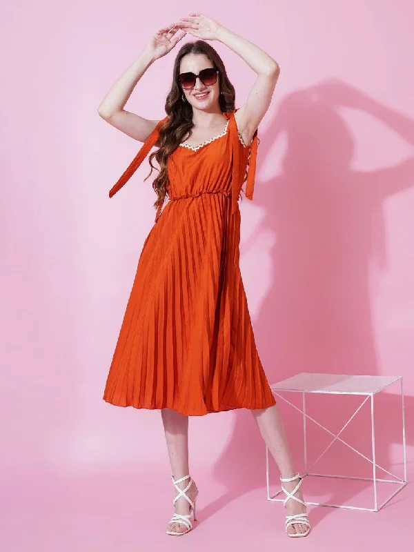 Jyoti Fashion Women's Orange Heavy Crepe Crushed Flared Western Dress