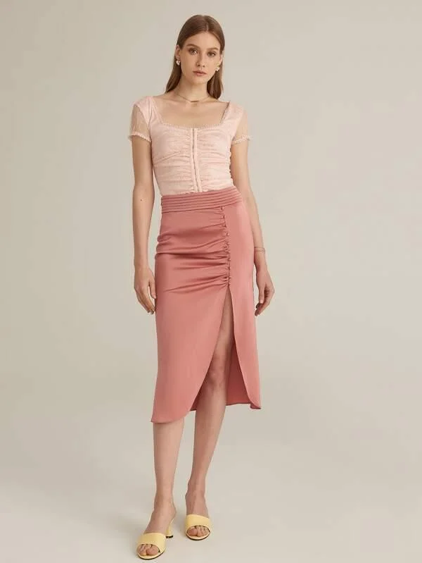 Premium Ruched Waistband Buttoned Front Split Thigh Skirt velvet skirt plush