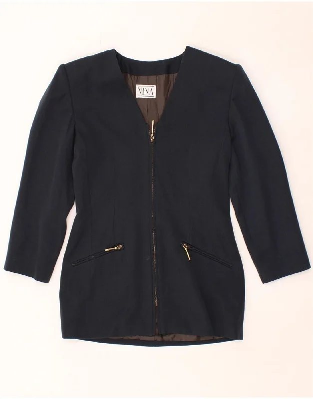 NINA Womens 3/4 Sleeve Blazer Jacket IT 42 Medium Navy Blue Wool Collared Jacket Crew Neck Jacket Turtle Neck Jacket