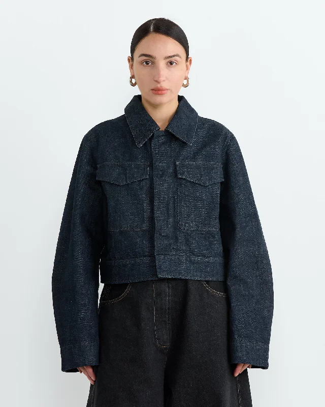 Two Pocket Cropped Jacket in Denim Indigo V-Neck Jacket Boat Neck Jacket Square Neck Jacket